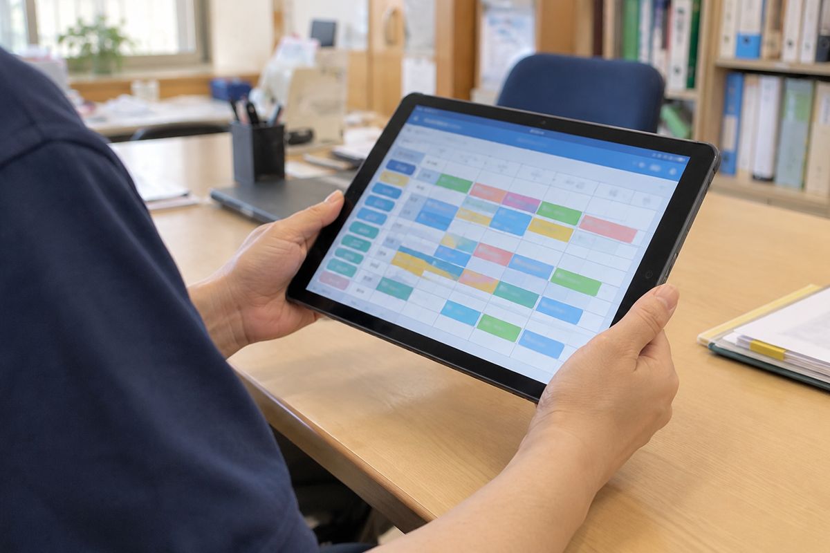 職員がタブレットで色分けされた勤務表を見ている手元
